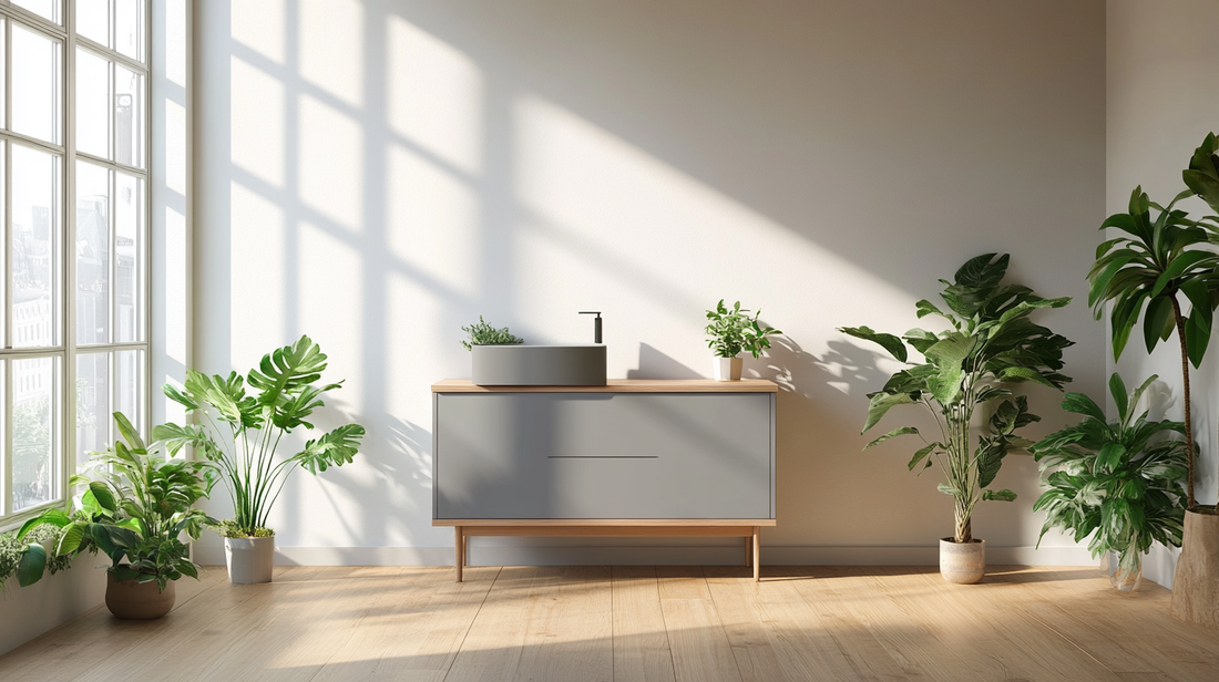 A bright minimalist interior featuring a sleek wooden cabinet with a modern sink, surrounded by lush green indoor plants and soft natural lighting.