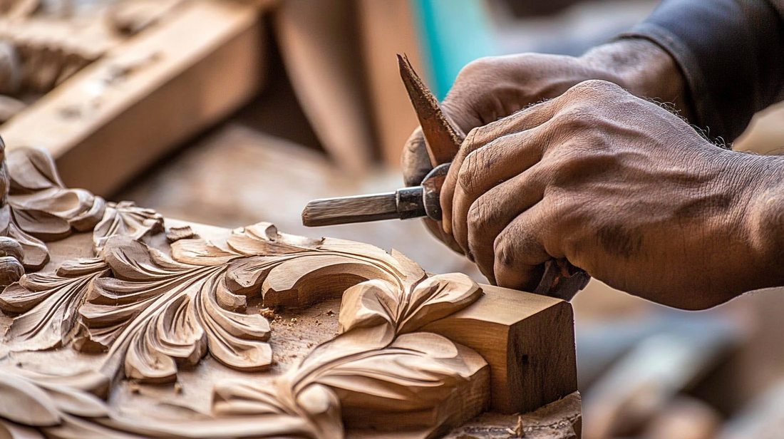 Artisan carving intricate floral patterns into wood, highlighting exquisite craftsmanship and attention to detail in handcrafted decor.