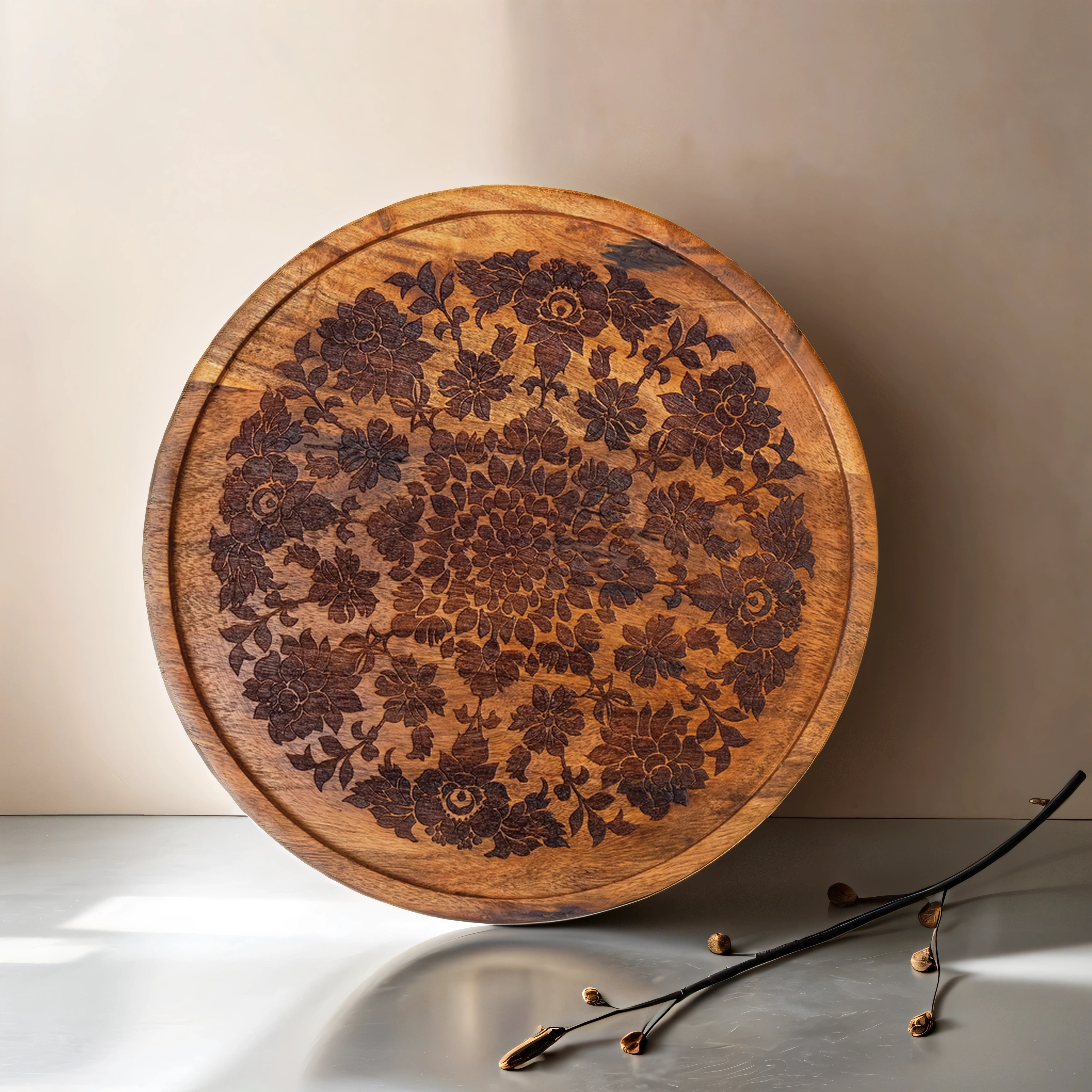 Handcrafted Acacia Wood Floral Wall Art Plate (12 Inches)