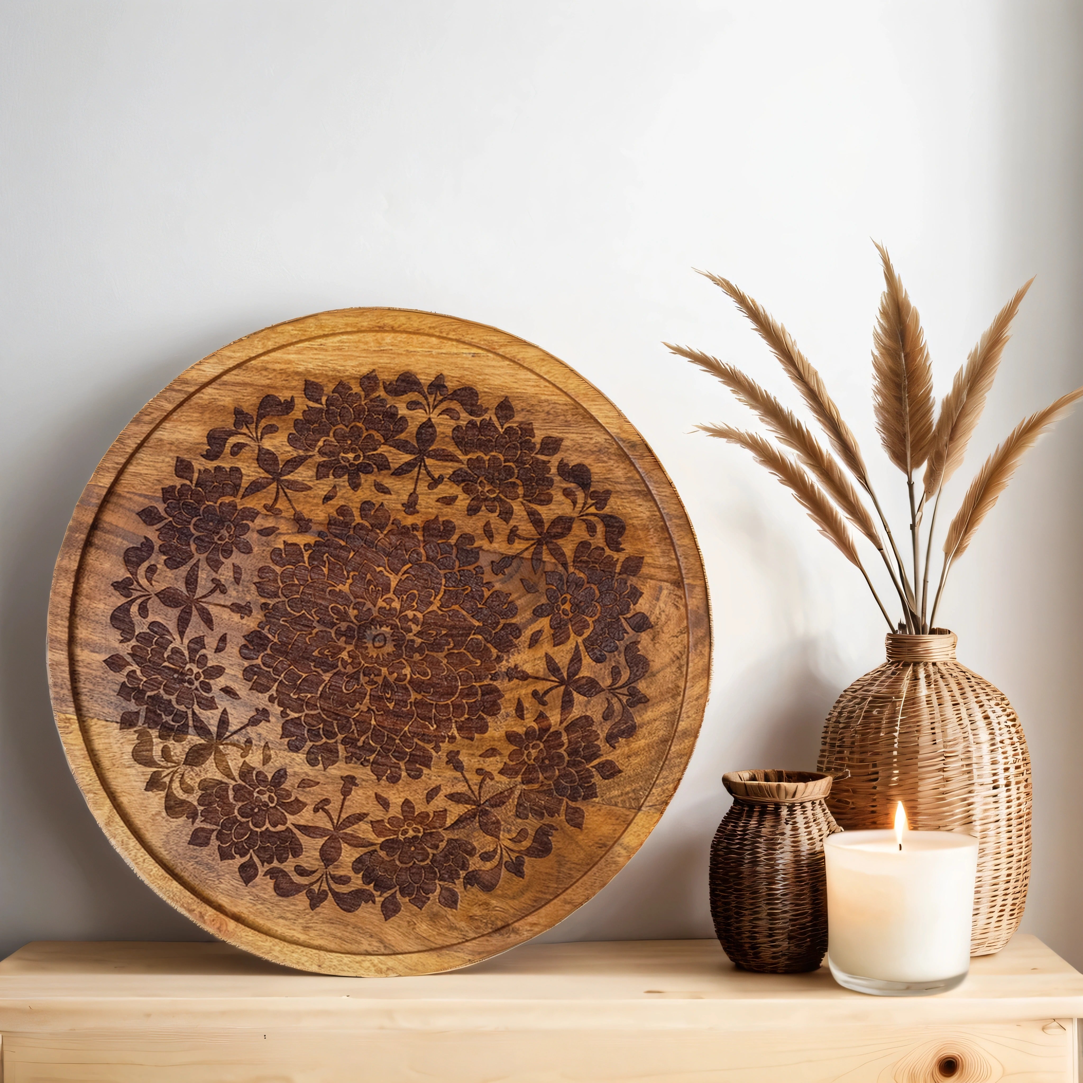 Floral Boho Handcrafted Acacia Wood Wall Plate (12 Inches)