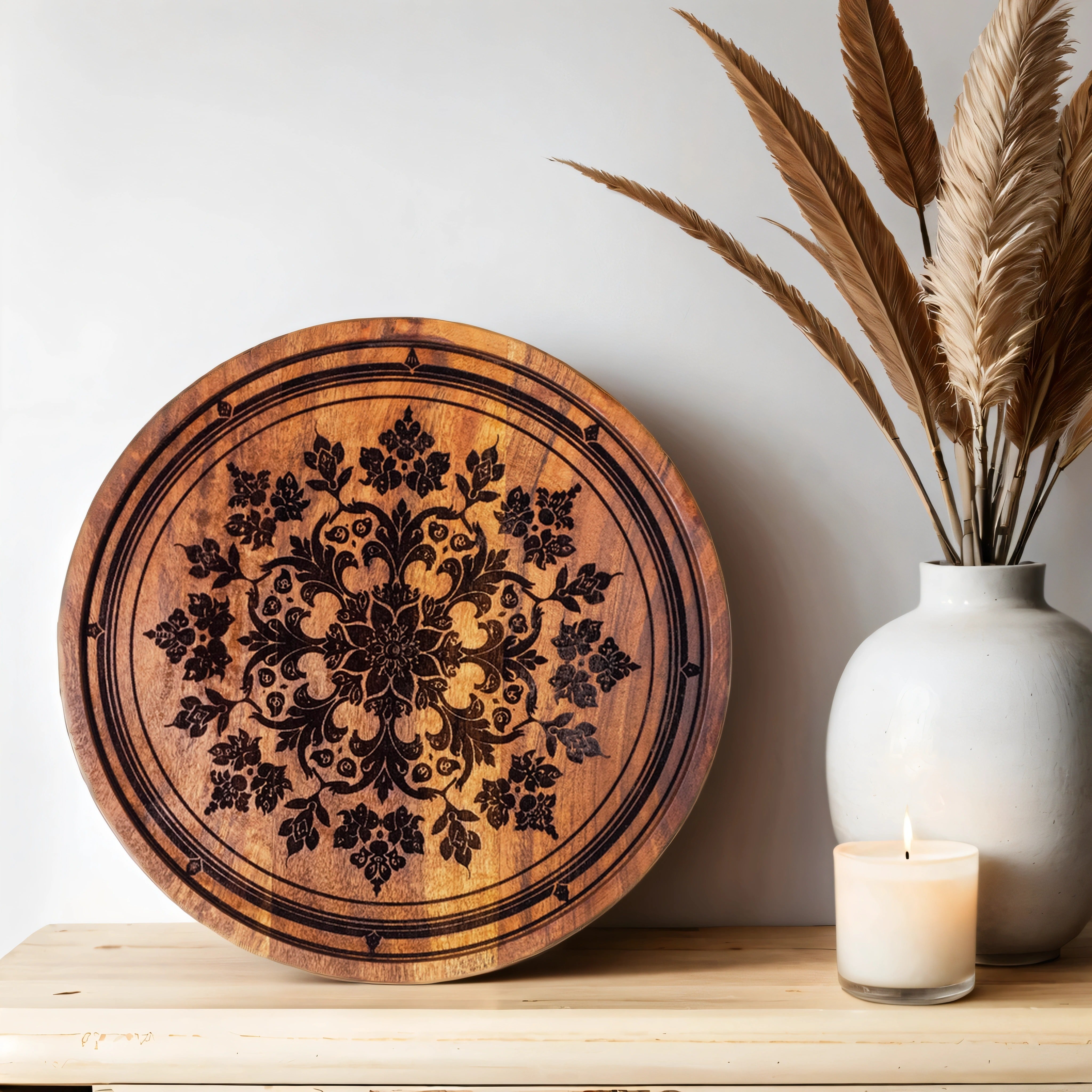Handcrafted Acacia Wood Floral Wall Plate (12 Inches)