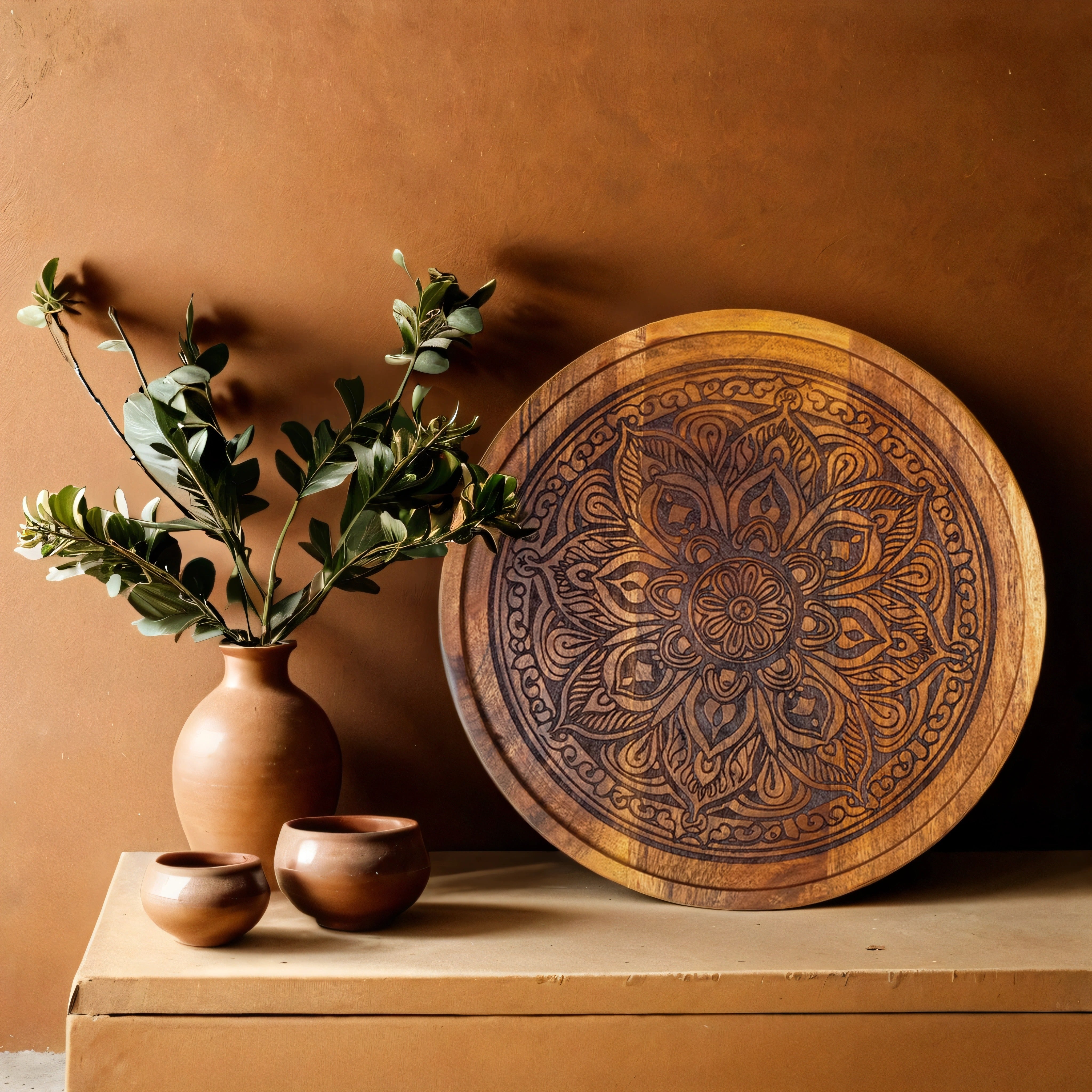 Elegant Floral Handcrafted Acacia Wood Wall Art Plate (12 Inches)
