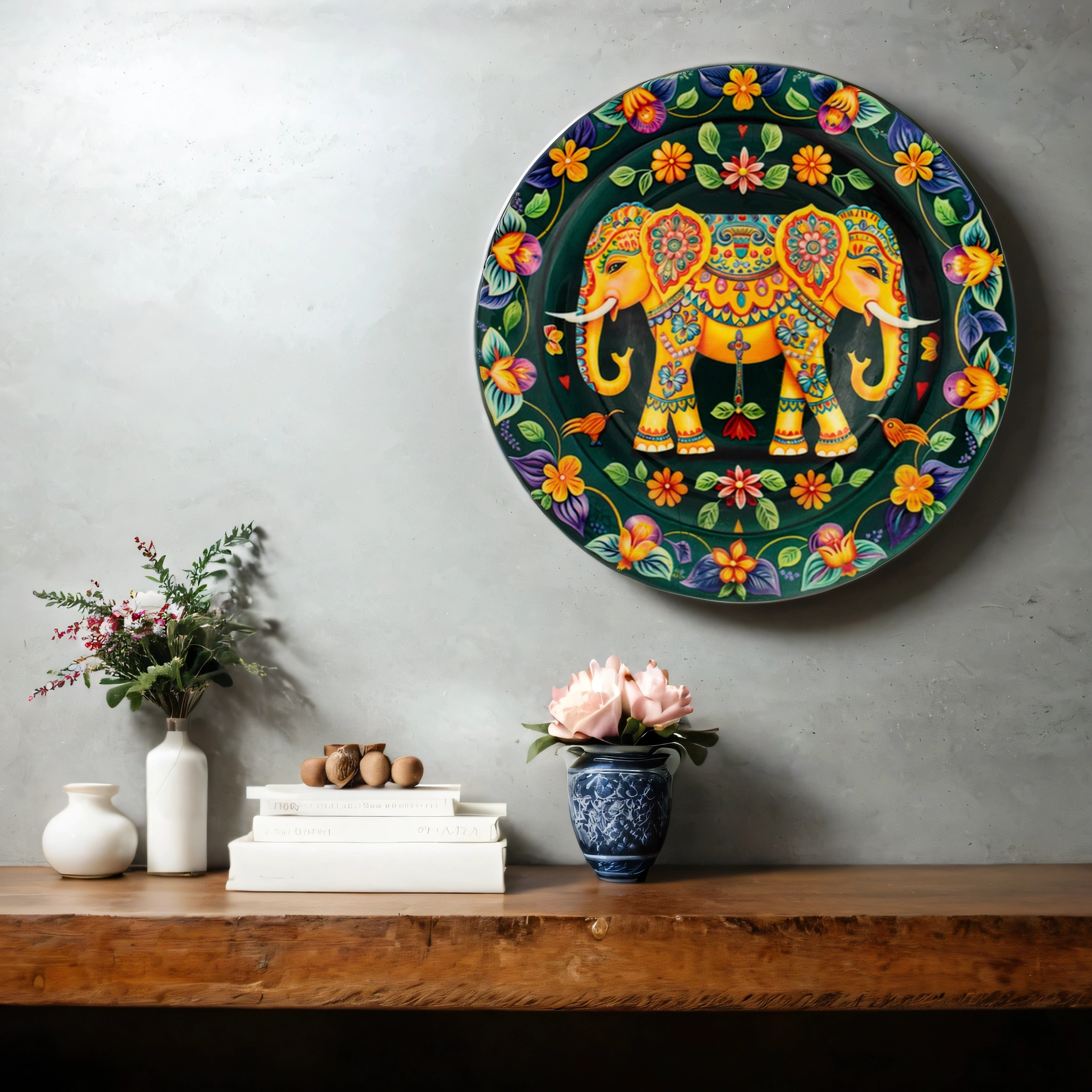 Ceramic Wall Plate with Vibrant Elephant Design (10 Inches)