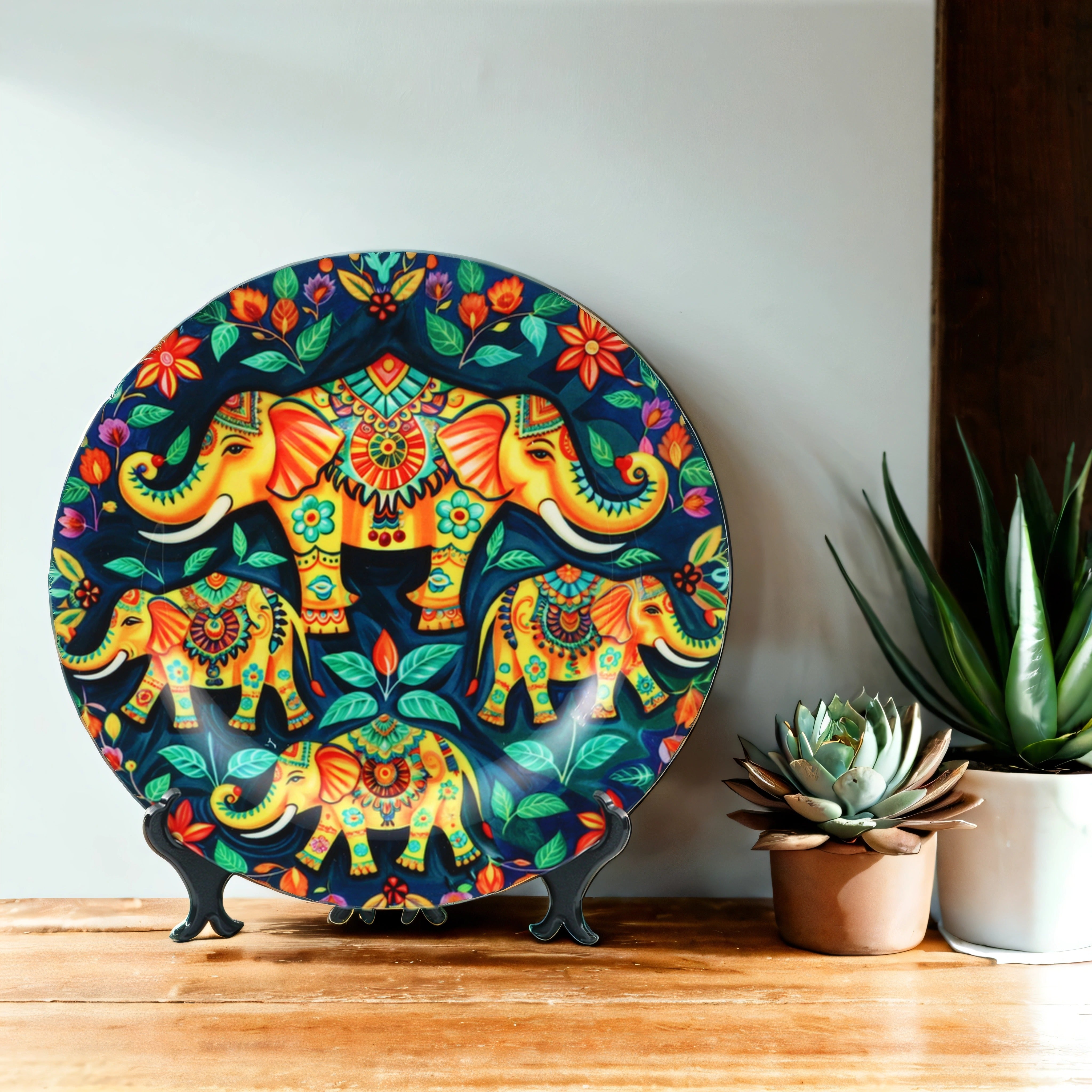 Traditional Elephant Design Ceramic Wall Plate (10 Inches)