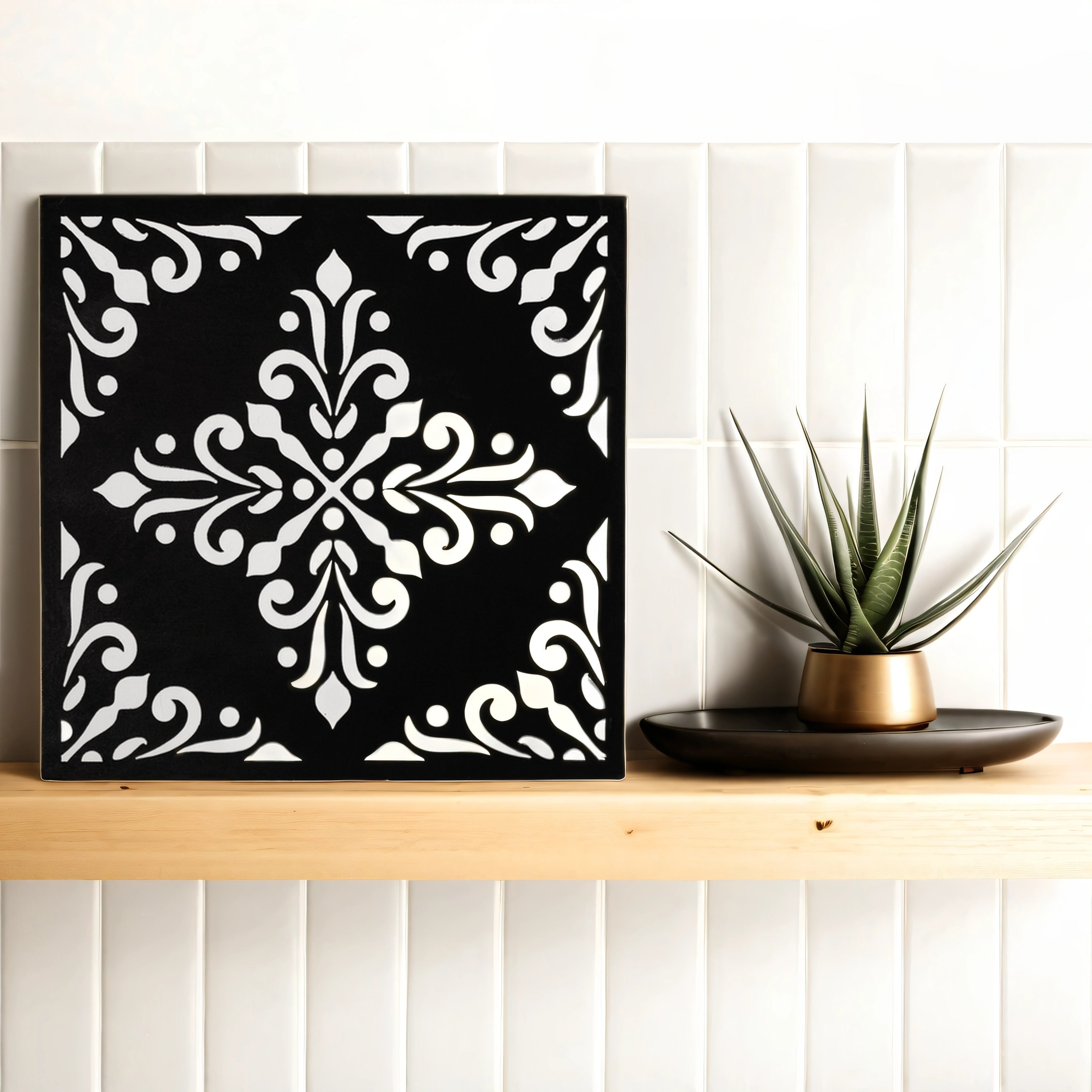 Ornate Black and White Geometric Wall Art Panel (11 Inches)