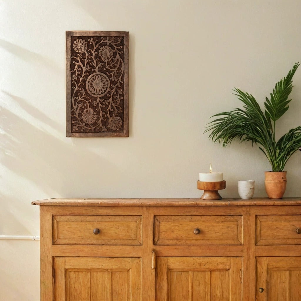 Floral Elegance – Hand-Carved Wooden Panel