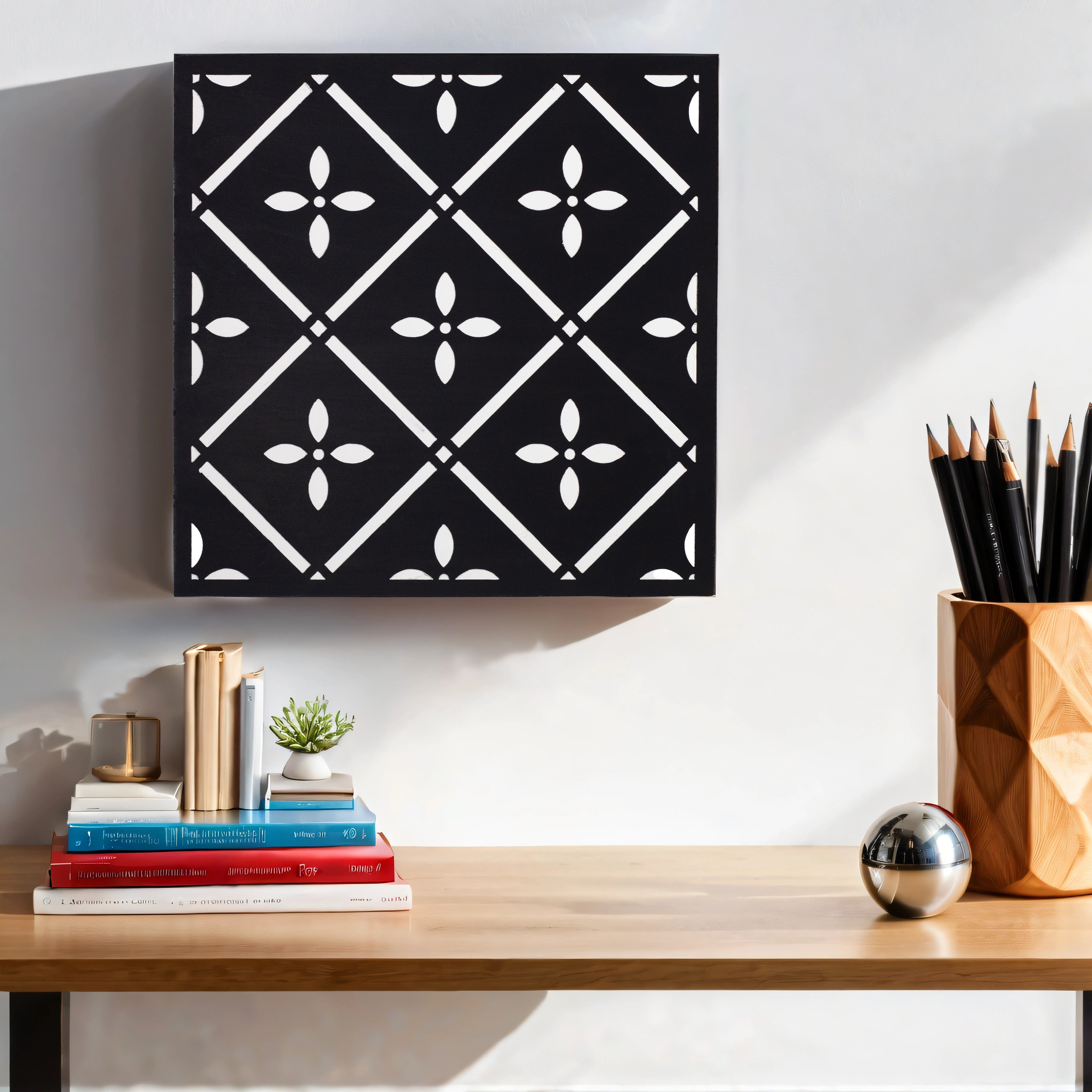 Floral Art Deco Black & White Wall Art Panel (11 Inches)