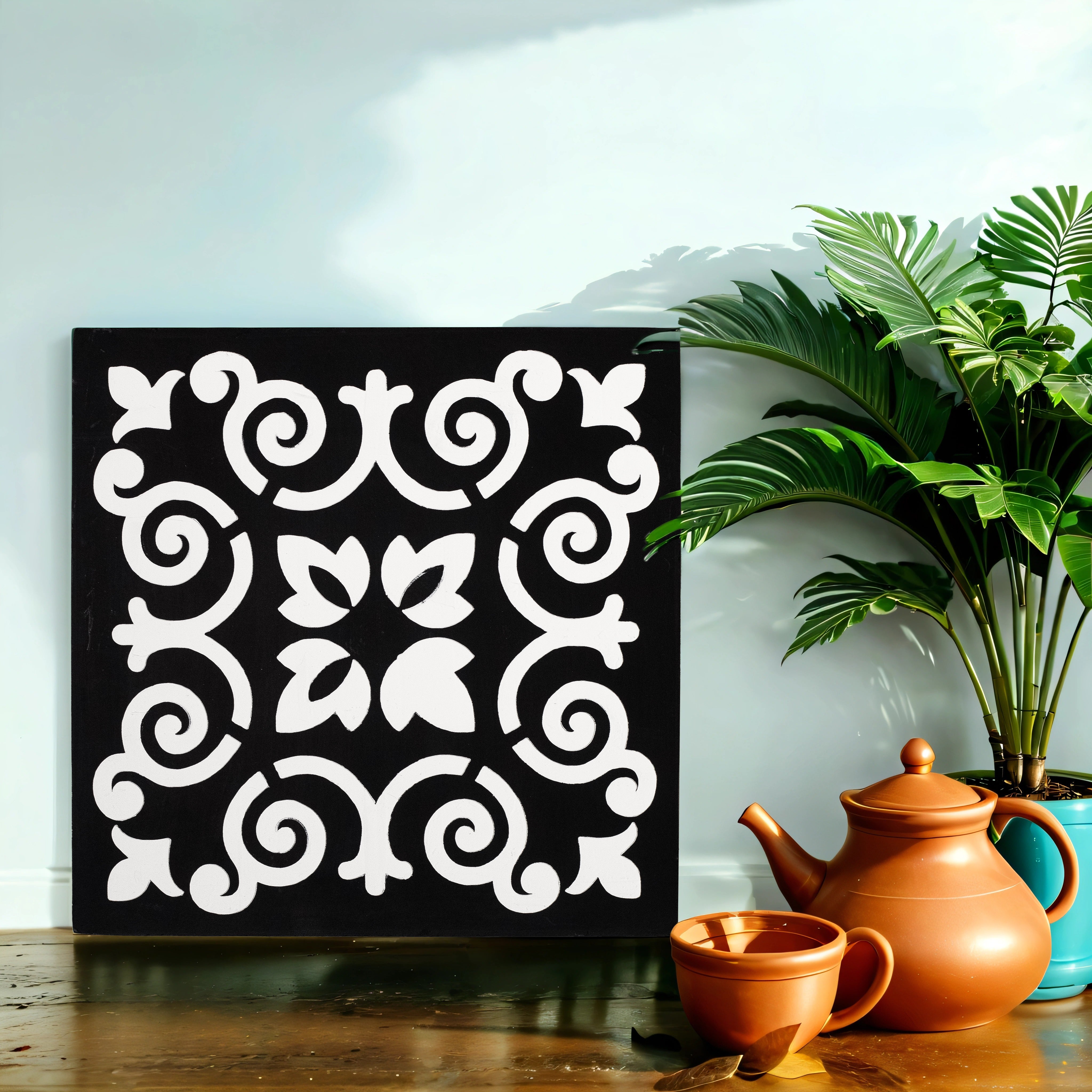 Floral Art Deco Black & White Wooden Wall Art Panel (11 Inches)