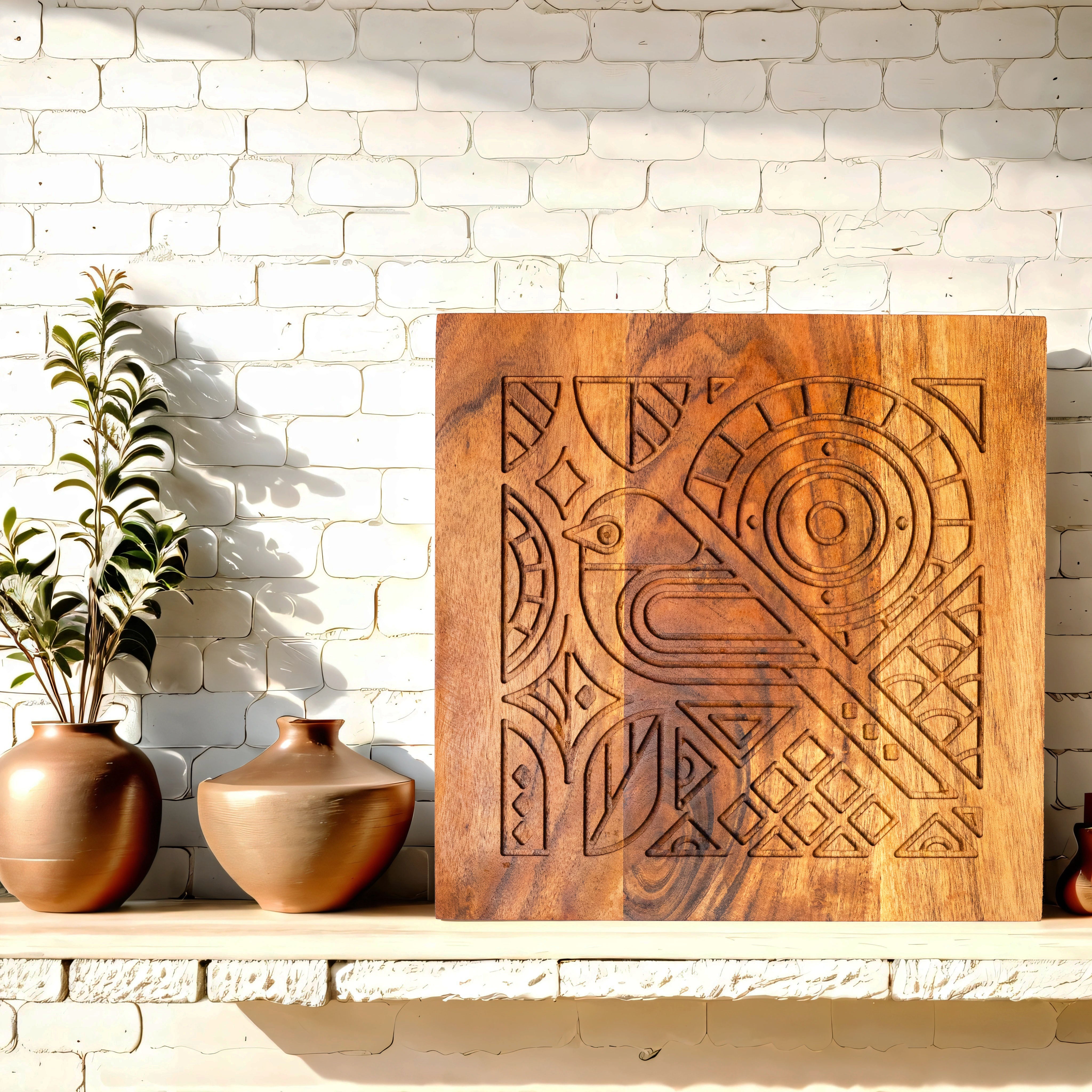 Carved Bird and Geometric Pattern Wooden Panel (11 Inches)